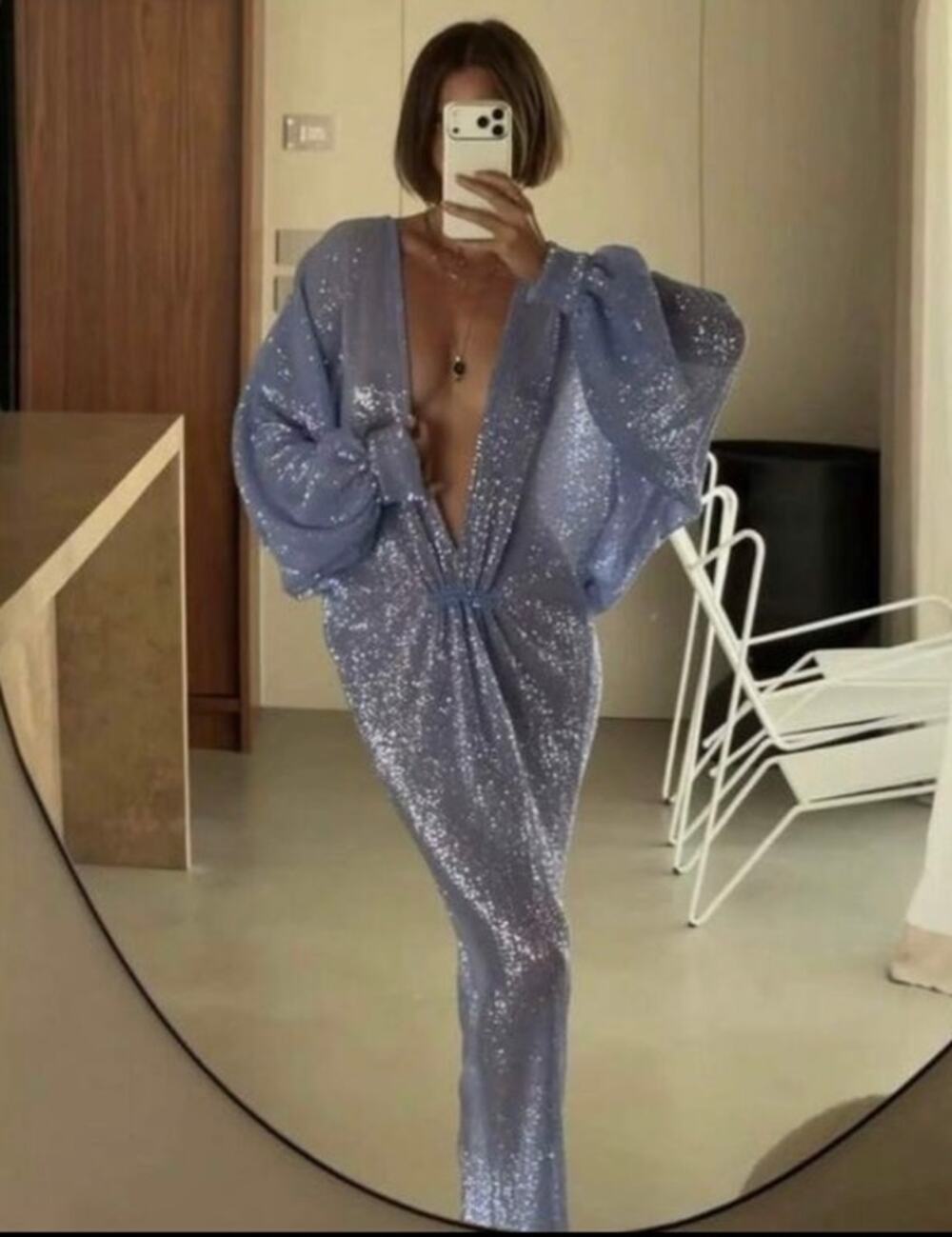 Shein Oversized Blue Sequins Knit Deep V Balloon Sleeve Maxi Dress -S